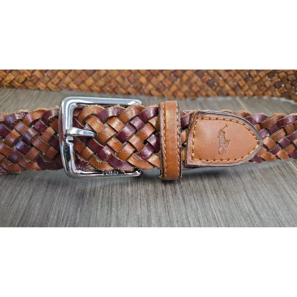 Polo Ralph Lauren Mens Braided Vachetta Leather Belt 32 Brown Silver Buckle LOGO